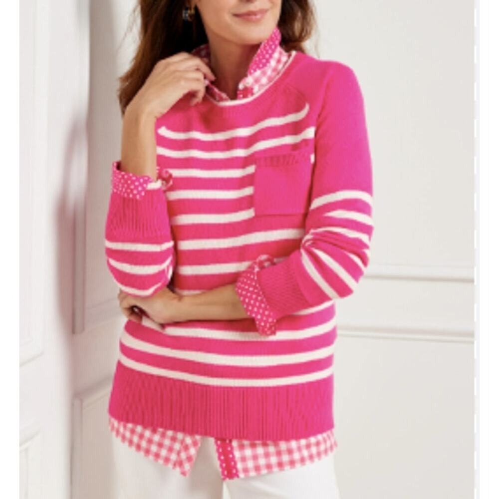 Talbots Petites Patch Pocket Sweater Women Size MP Pink White Stripeβ NEW